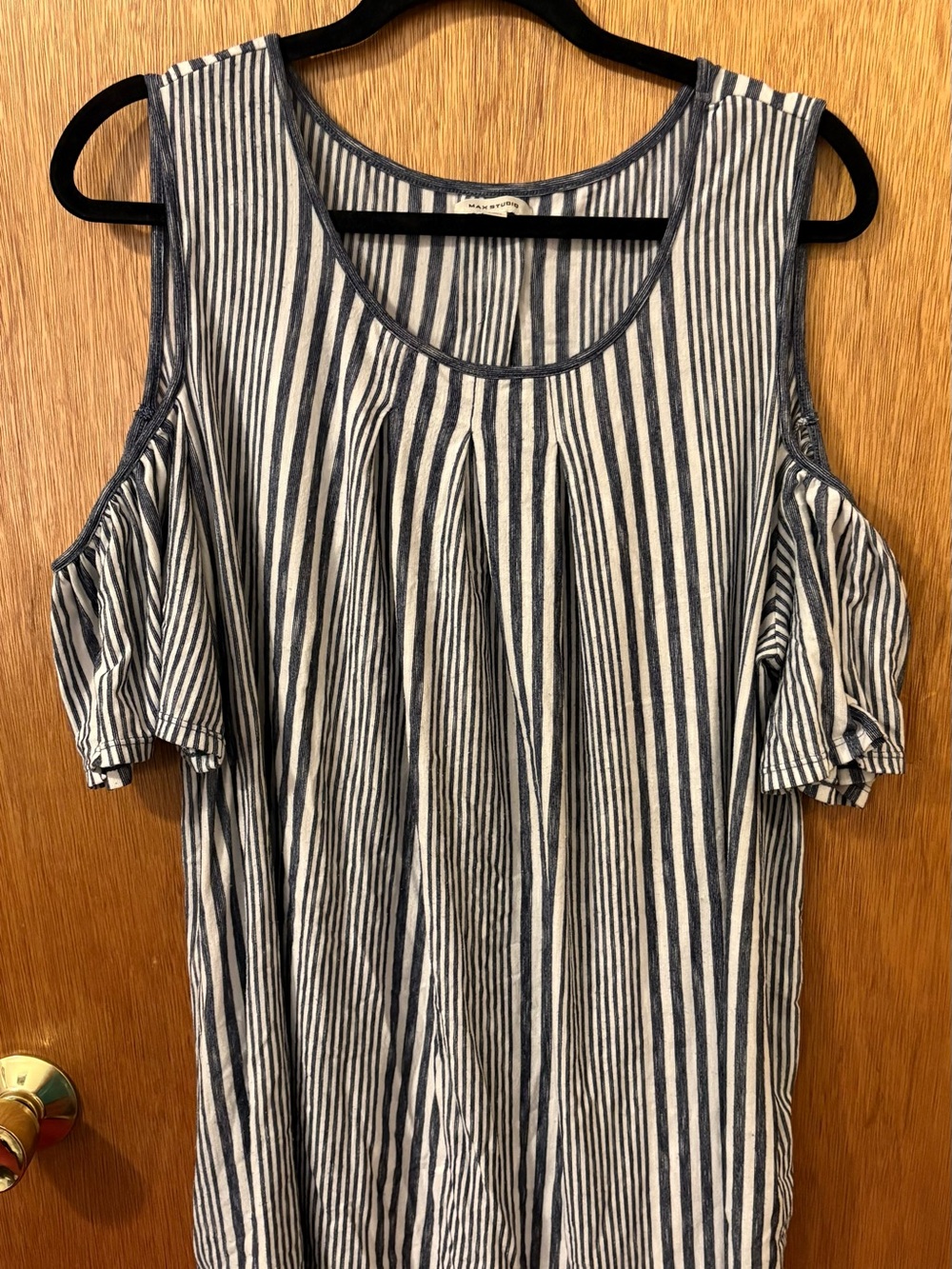 Max Studio Navy and White Striped Cold-Shoulder Top